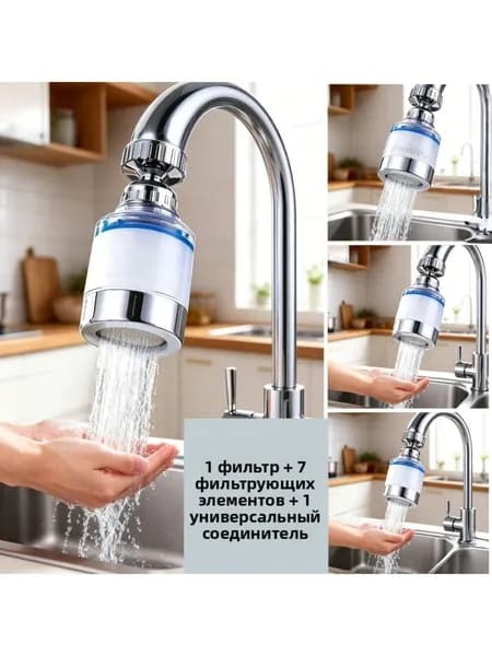 Устанавливайте, как только закрутите его!1 усовершенствованная модель + 7 утолщенных фильтрующих элементов + 1 универсальный разъем позволяют сделать водопроводную воду более чистой.