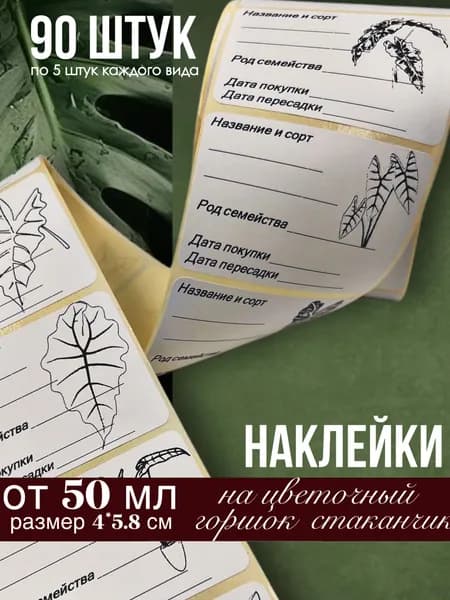 Наклейки Прозрачные листья для цветочных горшков, кашпо, табличек, рассады, 90 штук, размер 4х5.8 см
