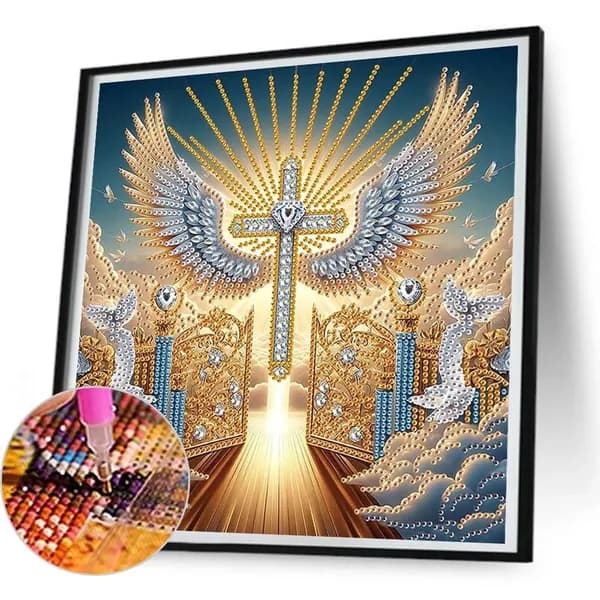 Частично выложенный алмазный рисунок Крест с крыльями из смолы, 30 30 см