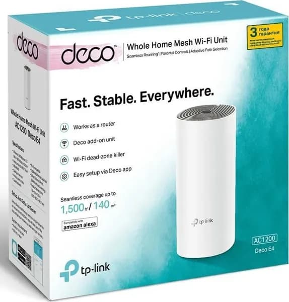 TP-LINK Deco E4 (1 шт.) Wi-Fi 5 Mesh AC1200 Мбит/с Поддержка оптоволокна Двухдиапазонный Порт 100 Мбит/с 100 устройств Площадь покрытия 130 м WPA3 Мобильная установка