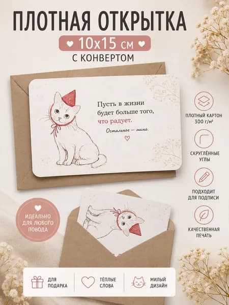 Открытка с котиком 10х15 см с конвертом эстетичная мотивационная открытка Пусть в жизни будет больше того, что радует