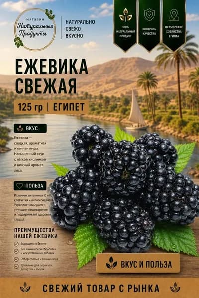 Ежевика свежая, 125 г, Египет крупная, сладкая, для десертов и смузи