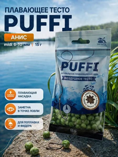 Воздушное тесто для рыбалки PUFFI MIDI, Анис, 15 г - плавающая насадка 6-10 мм для карася, карпа, леща