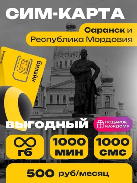 Сим-карта Билайн тариф Выгодный Республика Мордовия Безлимитный интернет и 1000 минут за 500 руб.