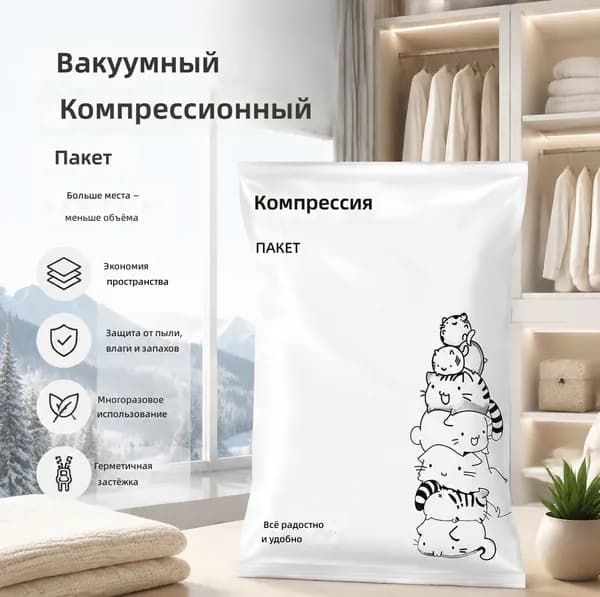 Вакуумный компрессионный мешок для одежды и постельного белья, средний 50x70 см, белый с рисунком кота