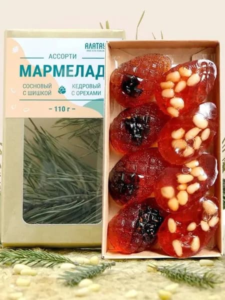 Мармелад натуральный ассорти Алатау, сосновый с кедровыми орехами и с шишкой, 110 гр, полезные сладости