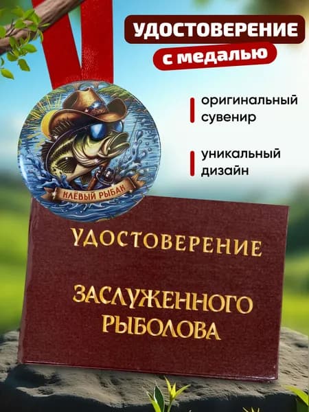 Шуточное удостоверение "Заслуженного Рыболова" и сувенирная медаль "Клёвый рыбак", прикольный набор подарок мужчине