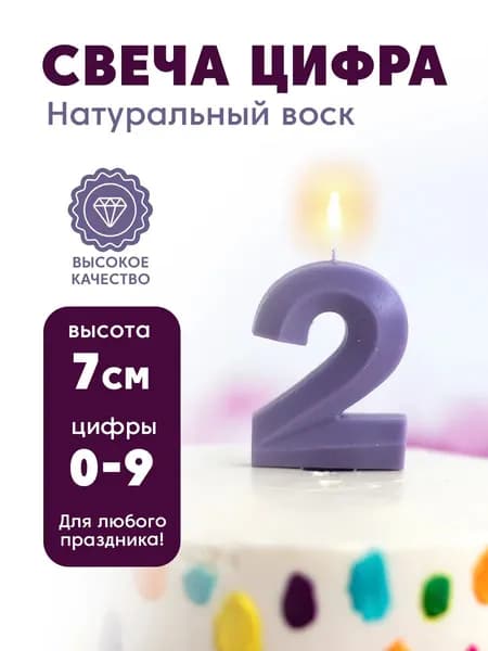 Свеча цифра 2 годика для торта на торт ребро фиолетовая