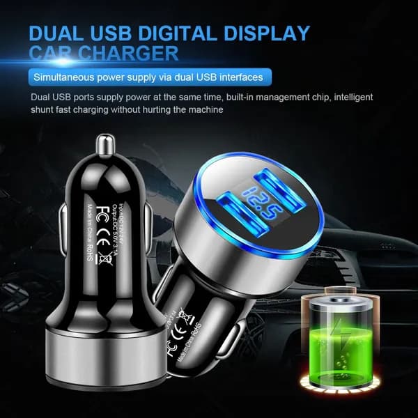 Автомобильное зарядное устройство с двумя USB-портами и цифровым дисплеем, серебристое