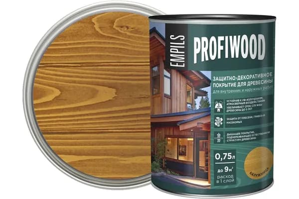 Защитно-декоративное покрытие для древесины PROFIWOOD, 0,75 л/ 0,7 кг. Для внутренних и наружных работ. Цвет: Калужница, полуматовое покрытие