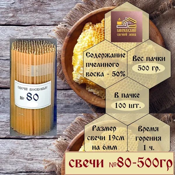 Калужский Свечной Завод Свечи церковные "Пчелиный воск", 19 см х 0.6 см, 100 шт