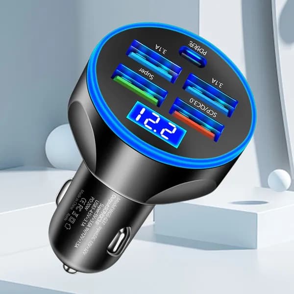 Автомобильное ЗУ с цифровым дисплеем, 5 портов, QC3.0 и PD