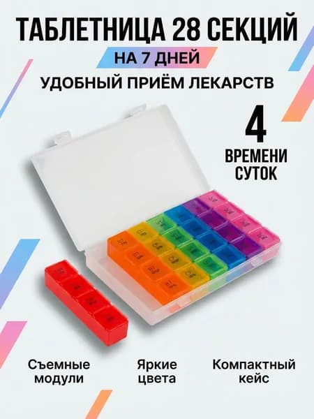 Таблетница 28 секций 7 отделений (на каждый день недели) по 4 секции (утро, вечер, день, ночь)
