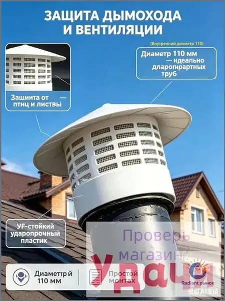 Колпак на дымоход и вентиляцию 110 мм, зонт на трубу вытяжки пластиковый - оголовок для канализации и кровли, дефлектор ударопрочный белый.