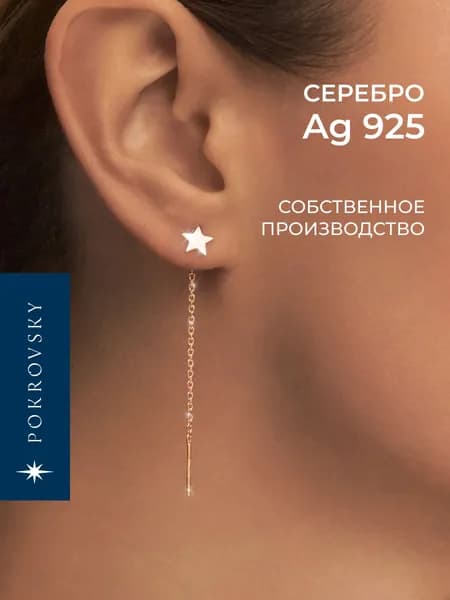 POKROVSKY JEWELRY Серьги протяжки серебро 925 позолоченные, звездочки