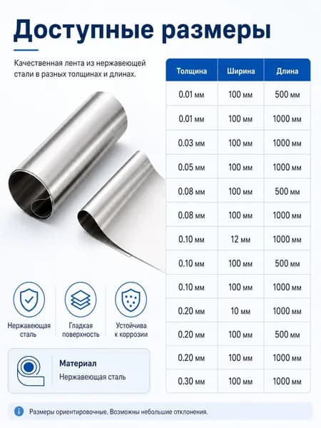 Лента из нержавеющей стали 0.01x100x500 мм, 1 шт., для ремонта и рукоделия