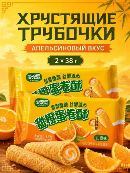 AI SHUANGLIN Хрустящие трубочки с кремовой начинкой со вкусом апельсина, 2 упаковки по 38 г