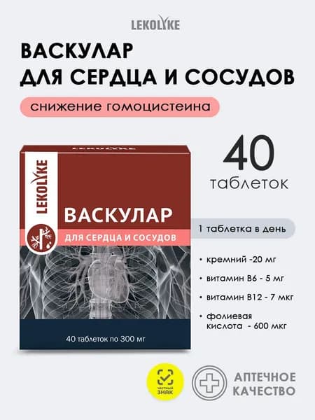 Васкулар Для сердца и сосудов Кремний витамины В6 В12 Фолиевая кислота