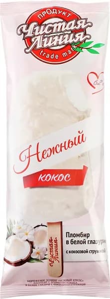 Мороженое ЧИСТАЯ ЛИНИЯ Нежный кокос, пломбир в белой глазури с кокосовой стружкой 12%, без змж, эскимо, 62г2шт