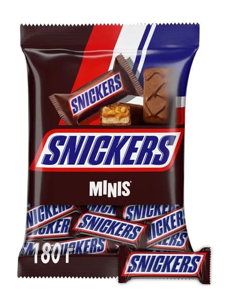Шоколадные батончики с орехами Snickers minis, арахис, нуга и карамель в молочном шоколаде, набор батончиков, 180 г