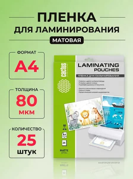 Пленка для ламинирования A4 80мкм 25 шт матовая 216x303мм Cactus