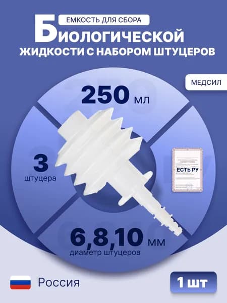 Емкость для сбора биологической жидкости объемом 250 мл скомплектом насадок из Устройства для активного дренирования ран . Стерильно, 1 шт., УАДР - 250 мл