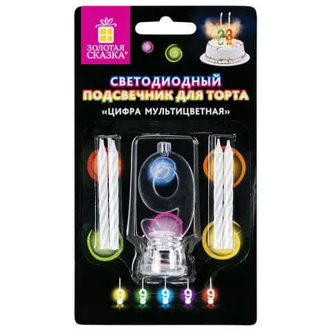 Свечи для торта ЗОЛОТАЯ СКАЗКА, Цифра-подсвечник светодиодная в наборе 4 свечи 6 см, 1 батарейка (591432)