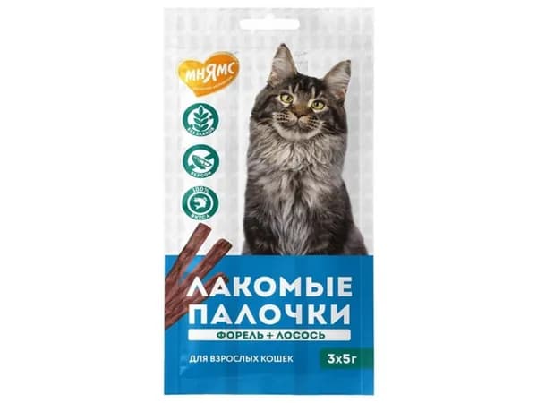 Мнямс Лакомство для кошек Лакомые палочки 13,5 см (Лосось и Форель) NEW, 5г х 3шт