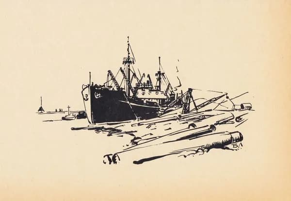Байкал. В гавани. Борис Лебединский. Антикварная гравюра (ксилография). СССР, 1966 г.