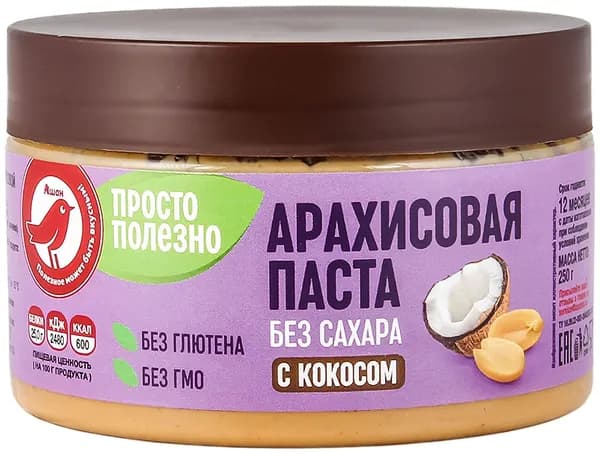 Паста арахисовая АШАН Красная птица с кокосом без сахара, 250 г