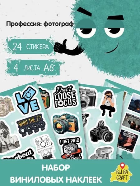 Наклейки стикеры милые "Профессия: фотограф", 24 шт., 4 листов А6. Для детей. Набор наклеек для декора, на телефон, чехол, ноутбук. BulbaCraft