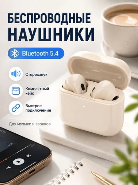 Наушники беспроводные с микрофоном v5.4, Bluetooth, USB Type-C, кремовый
