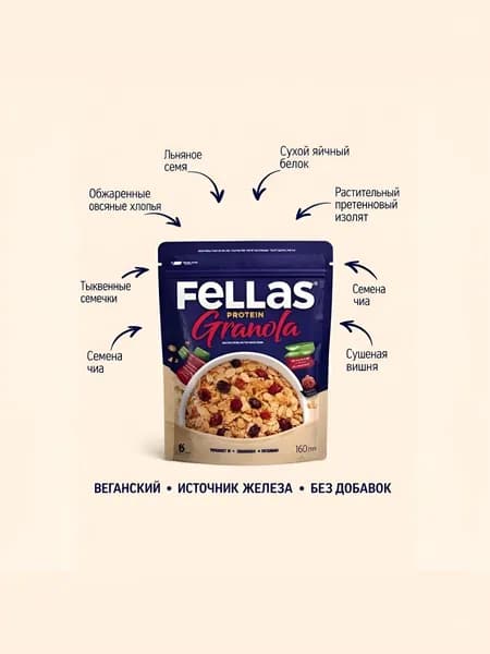 Fellas Protein Granola Красные Ягоды 270 г - Натуральный Сахар из Фруктов, Источник Белка и Клетчатки, Веганская Гранола