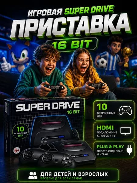 Игровая приставка для телевизора 16bit Super Drive Classic (сега), 10 в 1 встроенных ретро игр, ретро игровая консоль