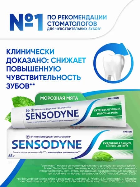 Зубная паста Sensodyne Ежедневная защита Морозная мята, для чувствительных зубов, с фтором, 65 г