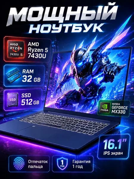 Wmeng W27 Игровой ноутбук 16.1", AMD Ryzen 5 7430U, RAM 32 ГБ, SSD 512 ГБ, NVIDIA GeForce MX330 (2 Гб), Windows Home, (P95), светло-синий, Русская раскладка