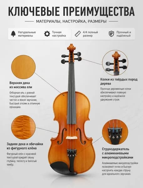 Скрипка из массива дерева, верхняя дека из ели, обечайка из фигурного клёна, в комплекте с футляром-треугольником, смычком и канифолью, размеры 1 16 4 4