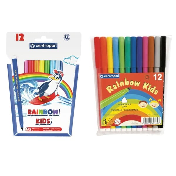 Фломастеры набор, 12цв., трехгранные, смываемые, ПВХ, Centropen "Rainbow Kids" (7 7550 1202)