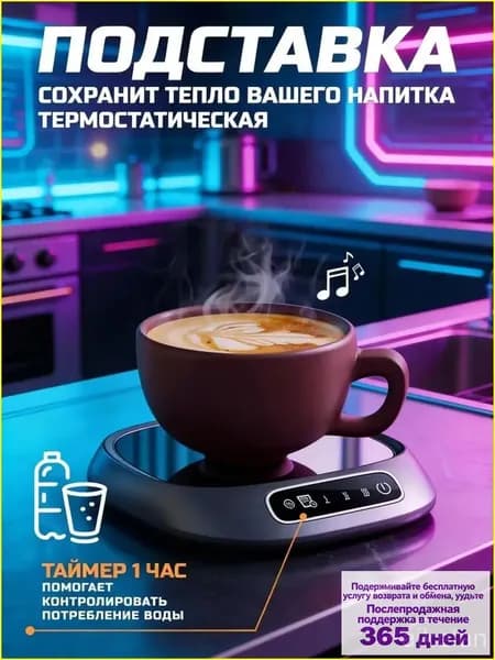 Умная термоподставка для кружки с 3 режимами нагрева. Подогревает чай, кофе, молоко. Таймер питья, автоотключение, для любой посуды. Серебристая