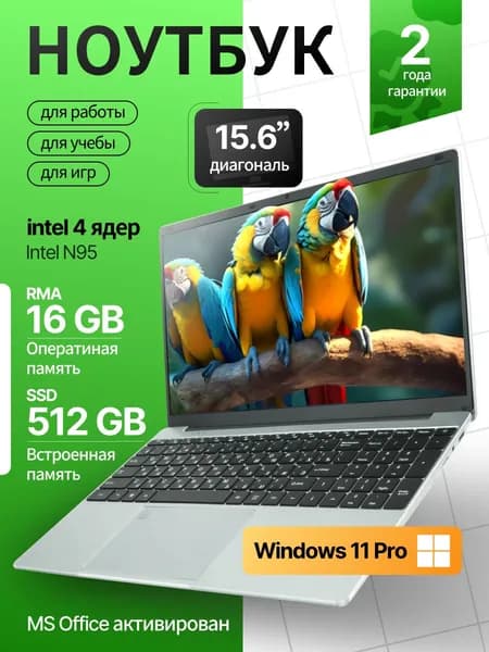 Ноутбук 15.6", Intel N95, RAM 16 ГБ, SSD 512 ГБ, Intel HD Graphics, Windows Pro, серебристый, Русская раскладка