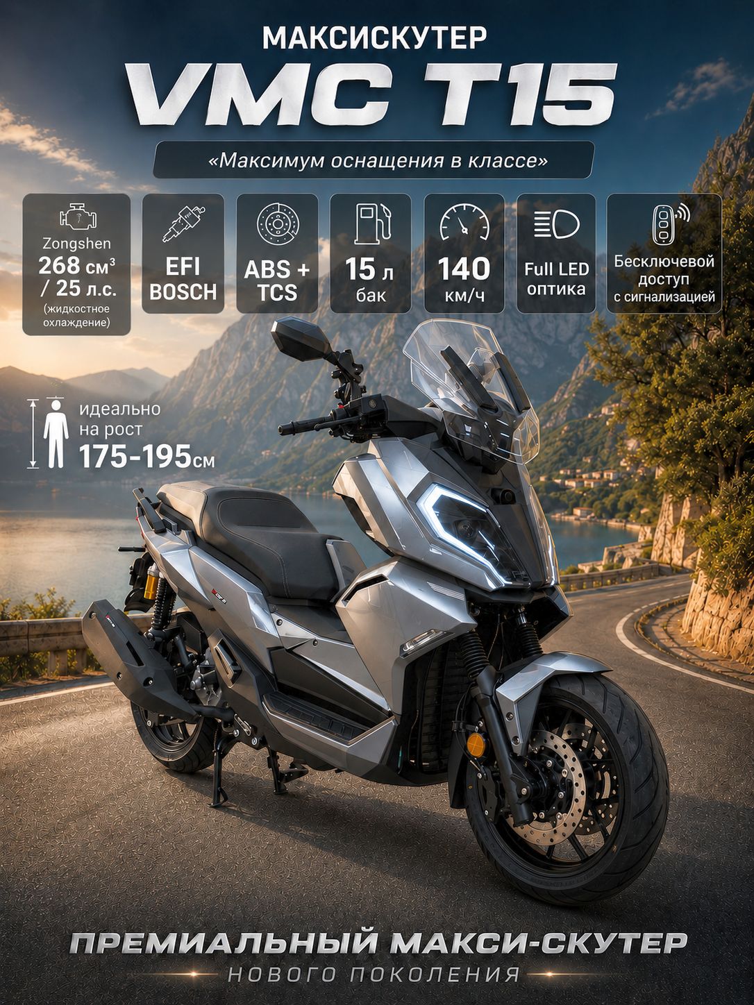 Скутер VMC Т-15 Grey c ЭПТС (268 см, 25 л.с., EFI, ABS, TCS, жидкостное охлаждение, бензиновый для взрослых)
