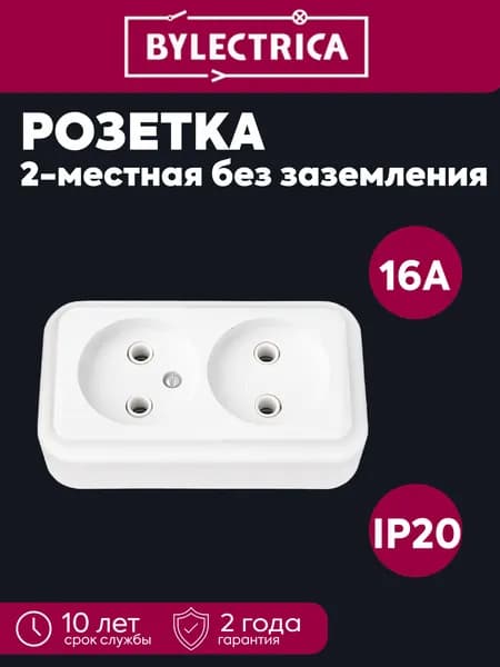 Розетка 2-местная ОП 16А IP20 без заземления Пралеска белая Bylectrica РА16-260