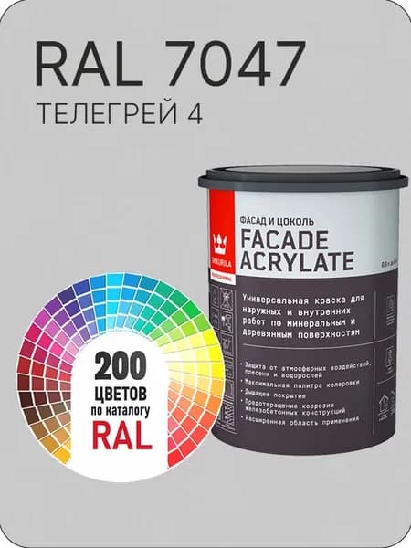Tikkurila Facade Acrylate краска для фасадов и интерьеров цвет телегрей 4 Ral А 7047 0.9 л.