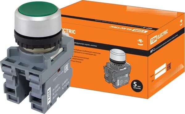 Кнопка управления TDM Electric / ТДМ Электрик MP2-20G плоская с фиксацией, NO+NC зеленая, под отверстие диаметром 22мм, SQ0747-0008 / кнопочный пост