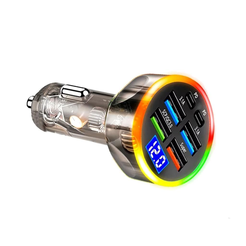Автомобильное зарядное устройство 200W, 4 USB-A + 2 Type-C, дисплей