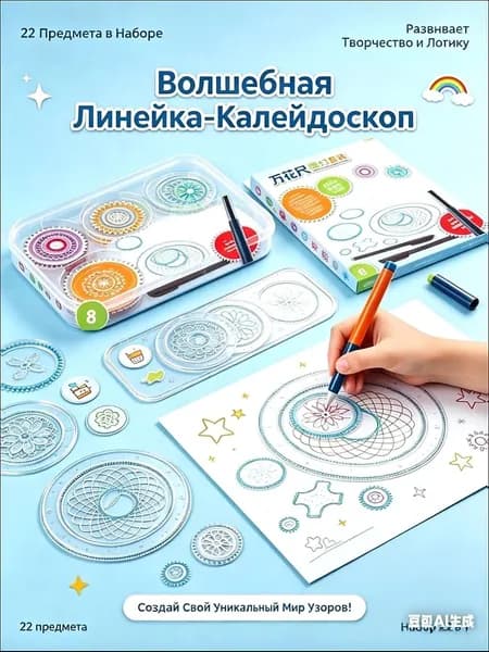 Набор развивающих линеек-трафаретов "Калейдоскоп" для рисования узоров, 22 предмета. Детский многофункциональный спирограф для творчества, обучения и развития мелкой моторики.