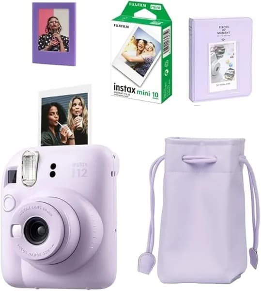 Fujifilm Instax Mini 12 лиловый фотоаппарат, 10 пленок, чехол, альбом на 64 страницы, магнитная рамка.