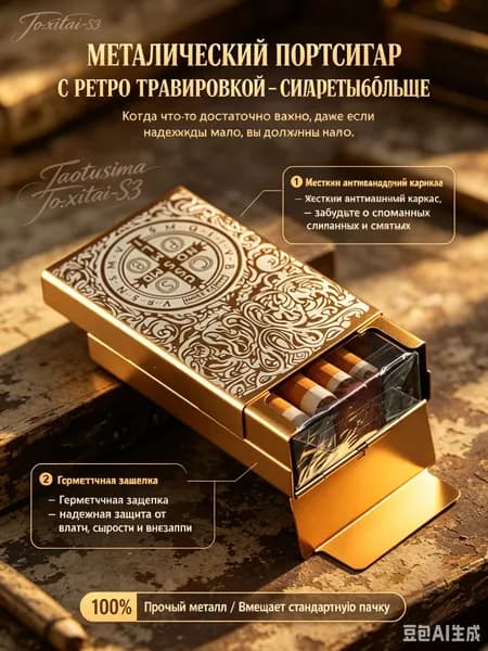 Портсигар металлический, футляр для сигарет золотой с ретро гравировкой - модель VINTAGE-GOTHIC-BOX, стильный защитный кейс для хранения