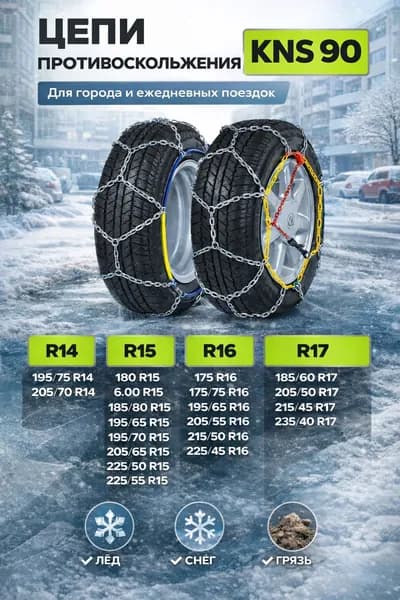 Цепи противоскольжения KNS90 на колеса R14-R17, 2 шт в кейсе для снега, льда и грязи