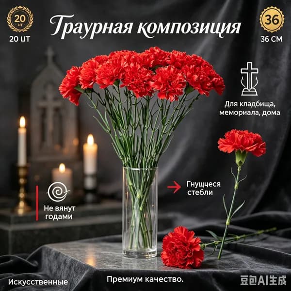 Траурная композиция 20 гвоздик, искусственные цветы 36 см, для могилы и мемориала.